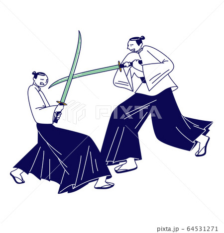 Samurai Male Characters Wearing Traditional Japanese Clothing Fighting on Katana Swords. Oriental Tradition, Ancient Warriors or Actors Performing Show Program. Linear People Vector Illustration 64531271