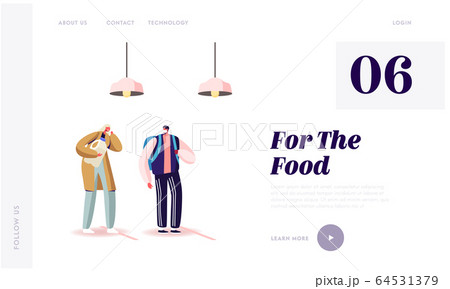 Characters Stand in Grocery Queue with Keep Distance Lines Landing Page Template. Woman Coughing Customers Buying Products during Covid19 Pandemic, Virus Spreading. Cartoon People Vector Illustration 64531379
