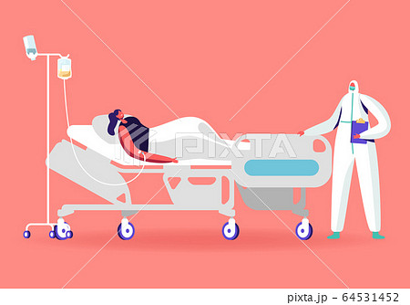 Female Character Lying in Clinic Department Chamber in Hospital Applying Dropper Treatment during Covid19 Pandemi. Doctor Stand near Patient Bed during Appointment. Cartoon People Vector Illustration Female Character Lying in Clinic Department Chamber in Hospital Applying Dropper Treatment during Covid19 Pandemi. Doctor Stand near Patient Bed during Appointment. Cartoon People Vector Illustration 64531452