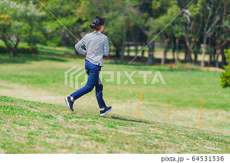ジョギング　運動　坂道　女性　日本人　人物　公園　健康　ダイエット　エクササイズ　運動不足　 64531536