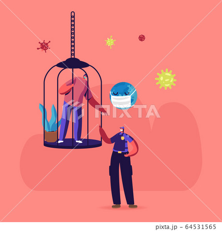 Policeman Warning Male Character Sitting inside of Bird Cage during Covid19 Pandemic Quarantine Self Isolation. Police Patrol Control People at Home due to Virus Spreading. Cartoon Vector Illustration 64531565