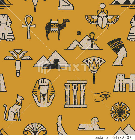 Dark seamless pattern of symbols, landmarks, and signs of Egypt from icons in a linear style Dark seamless pattern of symbols, landmarks, and signs of Egypt from icons in a linear style 64532202