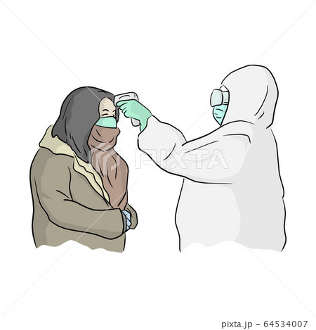 Medical worker in PPE suit scanning woman with 64534007