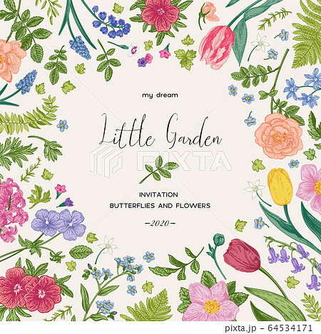 Floral frame with spring  plants. 64534171