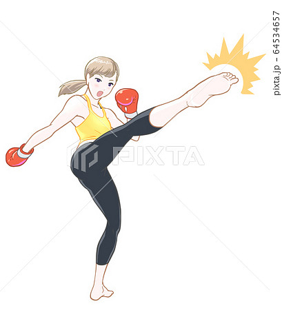 フィットネスでキックボクシングする女性 エフェクトありのイラスト素材