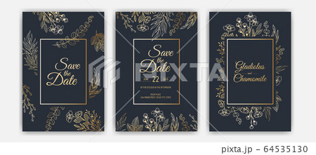 Minimalist wedding invitation card template design. Template, Frame with Delicate Flowers, Branches, Plants. 64535130