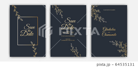 Minimalist wedding invitation card template design. Template, Frame with Delicate Flowers, Branches, Plants. 64535131