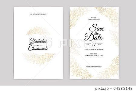 Minimalist wedding invitation card template design. Template, Frame with Delicate Flowers, Branches, Plants. 64535148