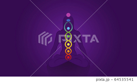 Kundalini - coiled snake. Meditating yoga woman with chakras on violet background, symbol for spiritual awakening, healing power and balance, celestial harmony and relaxation. 64535541