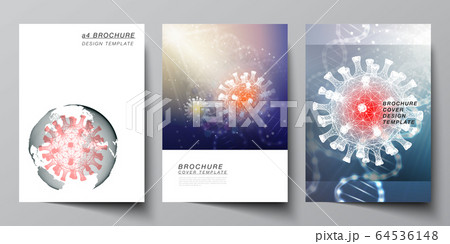 Vector layout of A4 cover mockups templates for brochure, flyer layout, booklet, cover design, book design. 3d medical background of corona virus. Covid 19, coronavirus infection. Virus concept. 64536148