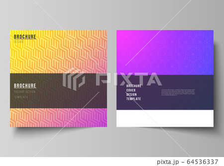 The minimal vector illustration of editable layout of two square format covers design templates for brochure, flyer, magazine. Abstract geometric pattern with colorful gradient business background. 64536337