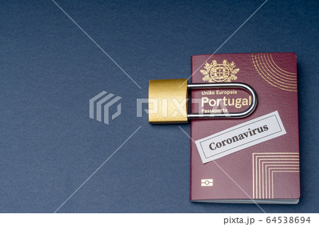 Portuguese european travel passport with padlock on blue background. 64538694