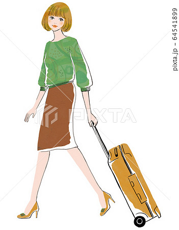 スーツケースを運ぶボブヘアの女性のイラスト素材