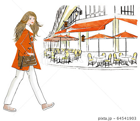 オープンカフェに向かうコートにパンツ姿の女性のイラスト素材