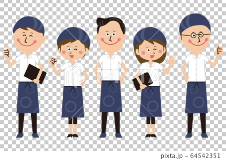 ポップな居酒屋店員の男女が整列してポーズ のイラスト素材
