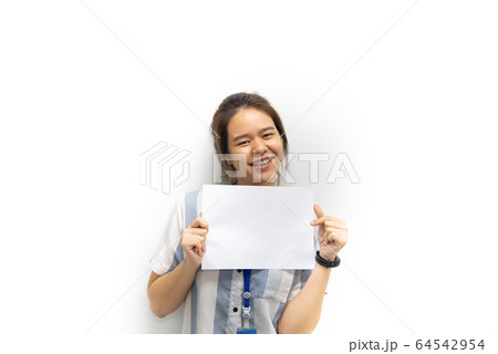 Woman showing blank white paper for copy space Woman showing blank white paper for copy space 64542954