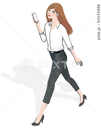 スマホを片手に見上げる女性左向きのイラスト素材