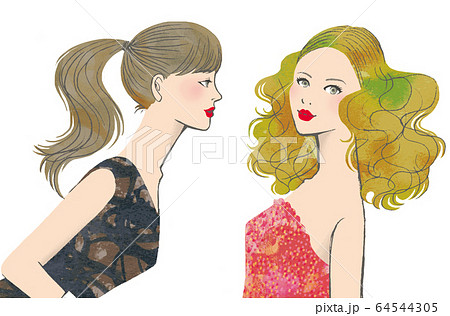 ロマンチックな横顔の二人の女性上半身のイラスト素材