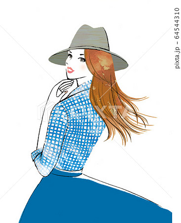 帽子をかぶった風に吹かれる綺麗な女性のイラスト素材