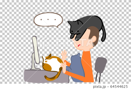 Illustration of a person being disturbed by a cat during remote work 64544625