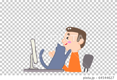 Illustration of a person being disturbed by a cat during remote work 64544627