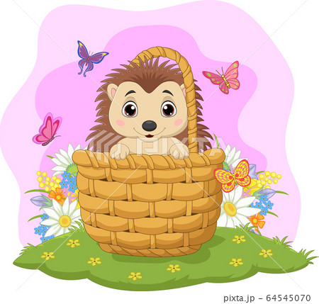 Cartoon baby hedgehog sitting in a basket	 64545070