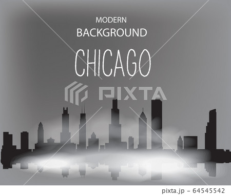 Modern vector landscape of foggy Chicago. Dark silhouette of buildings in a foggy haze. 64545542