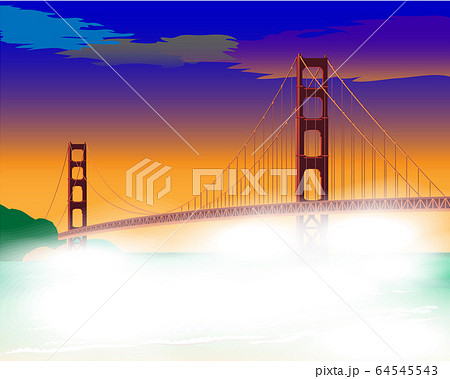 Bridge at dawn in the fog. Golden Gate Bridge isolated vector illustration San Francisco California United States of America. For design cards Bridge at dawn in the fog. Golden Gate Bridge isolated vector illustration San Francisco California United States of America. For design cards 64545543