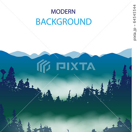 Vector background of mountain landscape. Beautiful forest in the fog. 64545544