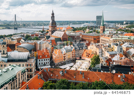 Riga old town panoramic view from St. Peter's Church observatory in Latvia 64546875