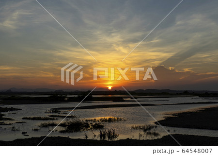 Sunset sky and soft cloud above the wetland 64548007