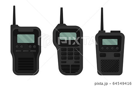Black Portable Radio Device or Walkie Talkie with Antenna Vector Set 64549416