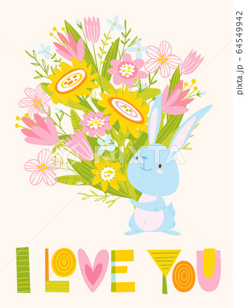 Vector card with rabbit, flowers and love lettering 64549942