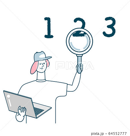 ノートパソコンを持つ若者　数字と虫眼鏡 64552777