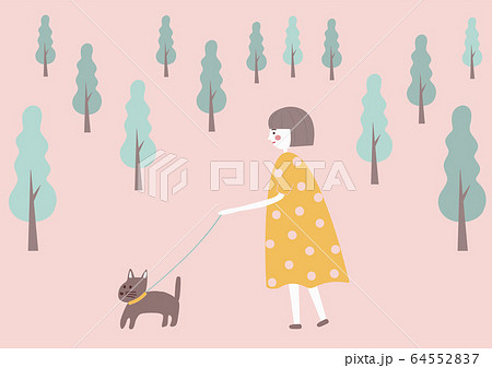 犬の散歩をする女の子のイラスト素材