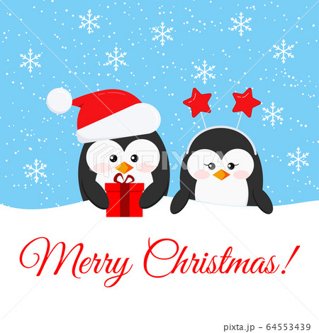 Merry Christmas card with cute penguin boy and girl with x-mas gifts vector illustration. 64553439
