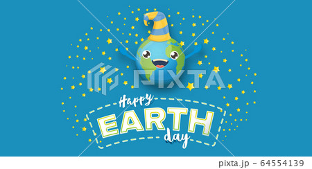 Cartoon earth day horizontal banner with cute smiling earth planet character with funny hat isolated on blue sky background. Eath day concept horizontal design template with funny kawaii earth globe 64554139