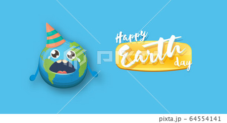 Cartoon earth day horizontal banner with cute crying earth planet character with funny hat isolated on blue sky background. Eath day concept horizontal design template with funny kawaii earth globe Cartoon earth day horizontal banner with cute crying earth planet character with funny hat isolated on blue sky background. Eath day concept horizontal design template with funny kawaii earth globe 64554141