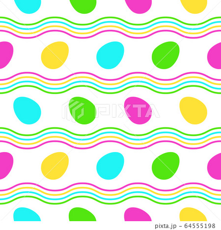Seamless Pattern with brightly color easter eggs and waves. Flat vector illustration on white background. Great for celebration Easter designs, festive background, greeting cards, prints, packing, etc 64555198