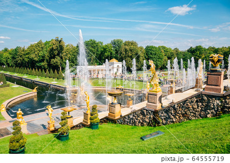 Peterhof Palace garden, fountain in Saint Petersburg, Russia Peterhof Palace garden, fountain in Saint Petersburg, Russia 64555719