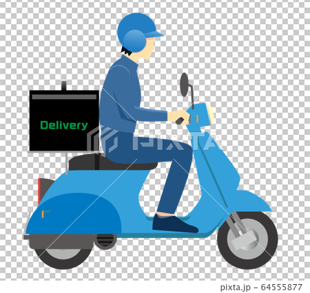 デリバリーボッスを積んだスクーターと配達員のイラスト｜配達デリバリー、オートバイ、宅配、料理 64555877