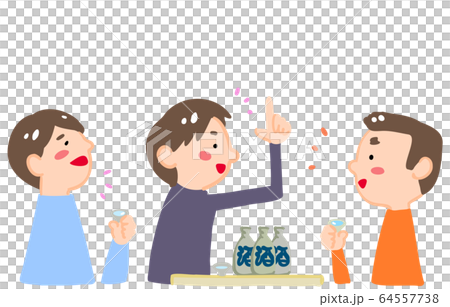 Three men drinking sake and getting excited Three men drinking sake and getting excited 64557738