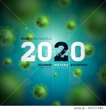 2020 Stop Coronavirus Design with Falling Covid-19 Virus Cell on Blue Background. Vector 2019-ncov Corona Virus Outbreak Illustration. Stay Home, Stay Safe, Wash Hand and Distancing. 64557980