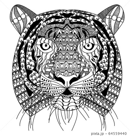 zenart style tiger head with moustache, black and white drawing, printable 64559440