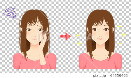 Illustration of a woman with long hair before and after fixing her sleeping habit 64559463