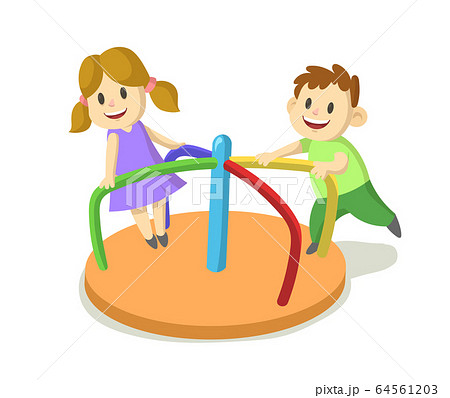 Happy kids playing on rotating roundabout carousel at the playground. Childhood, happiness, games. Cartoon flat vector illustration, isolated on white background. 64561203