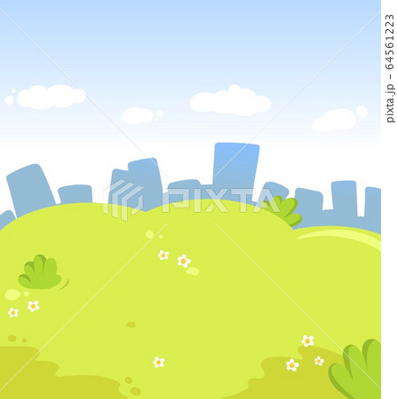 Cartoon cityscape with green grass and clouds in the sky. Cartoon flat vector illustration 64561223