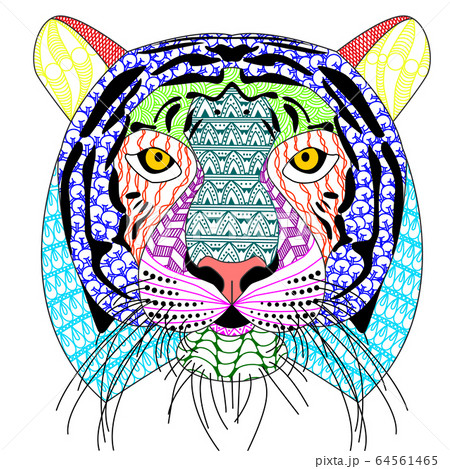 zenart/zentangle style tiger head with moustache,color drawing  for print 64561465