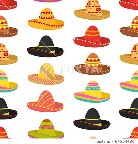 Cartoon Color Mexican Sombrero Hat Seamless Pattern Background. Vector 64564430