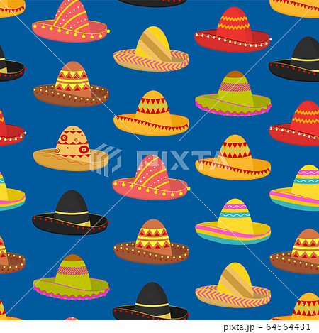 Cartoon Color Mexican Sombrero Hat Seamless Pattern Background. Vector Cartoon Color Mexican Sombrero Hat Seamless Pattern Background. Vector 64564431
